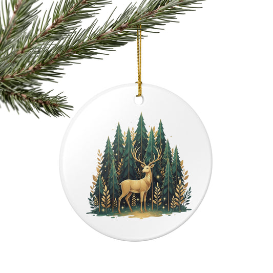 Golden Stag Forest Ceramic Ornament — Deer Holiday Tree Decoration