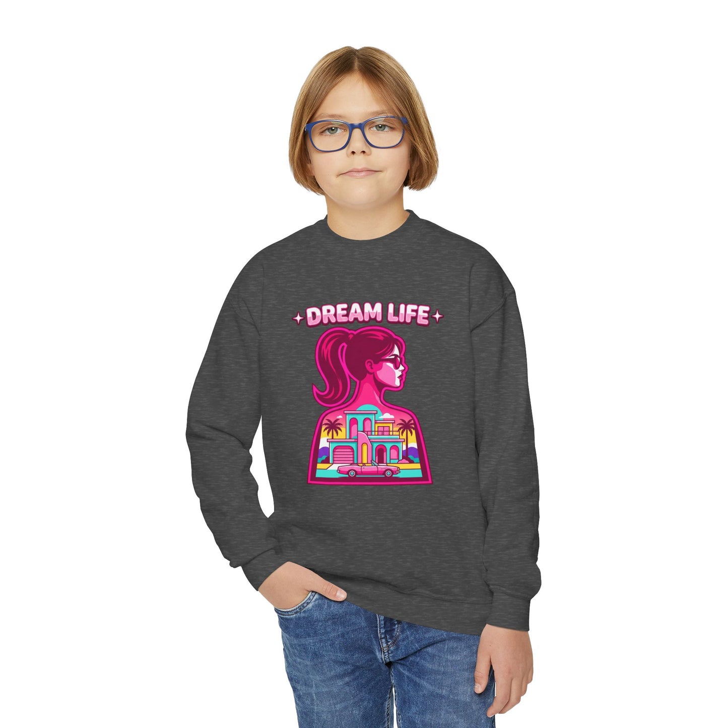 “Dream Life” girls “Barbie style” Youth Crewneck Sweatshirt — Retro Sunset Girl Graphic