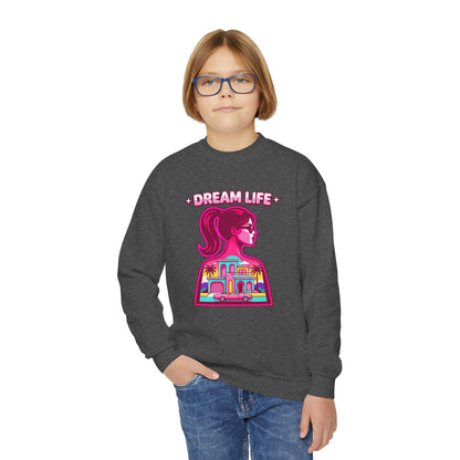 “Dream Life” girls “Barbie style” Youth Crewneck Sweatshirt — Retro Sunset Girl Graphic