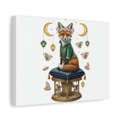 Fox Art Canvas Print — Whimsical Fox on Royal Cushion with Tea Cups & Crescent Moons (free shipping)