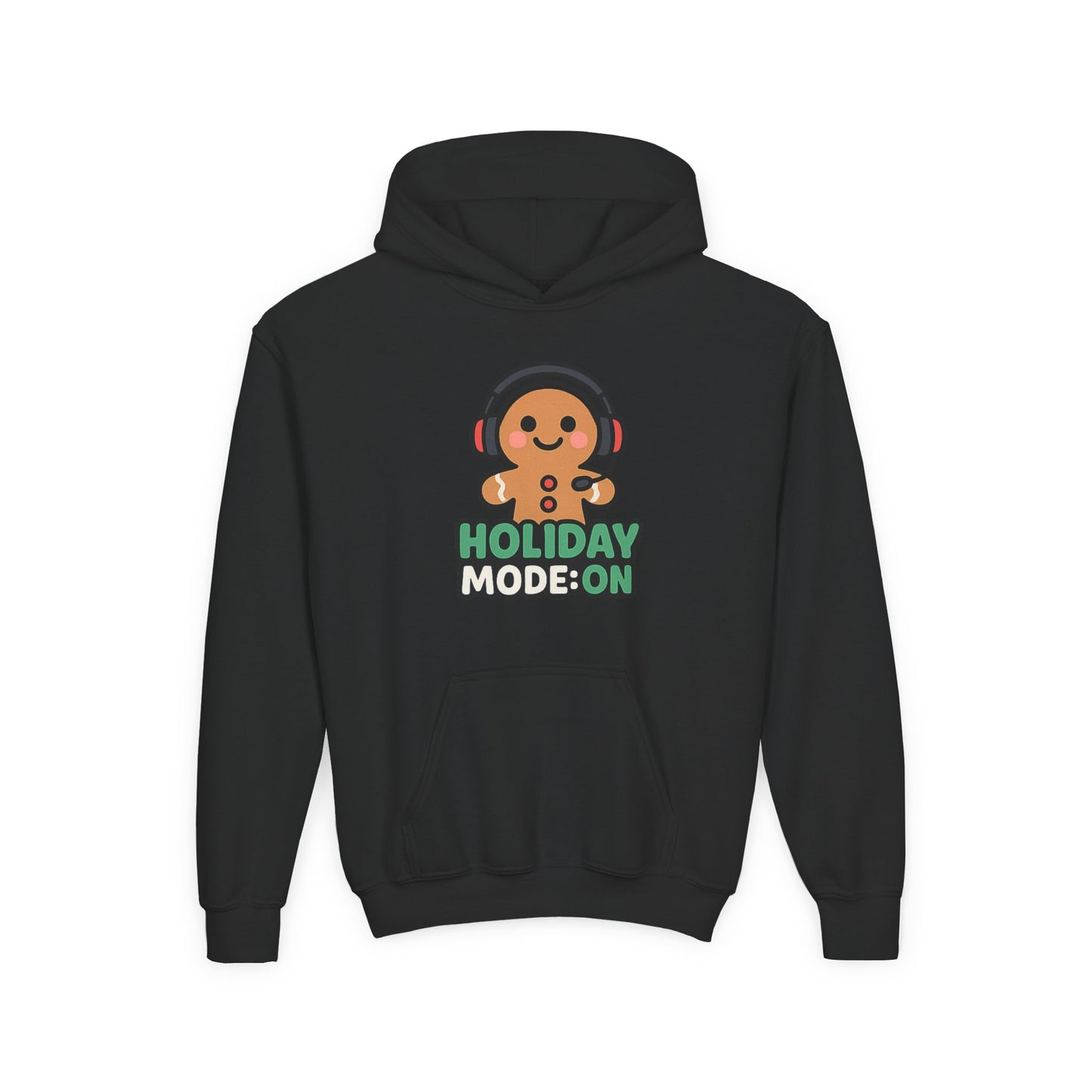 Youth Hoodie — 'Holiday Mode On' Gingerbread Headphone Christmas Sweatshirt