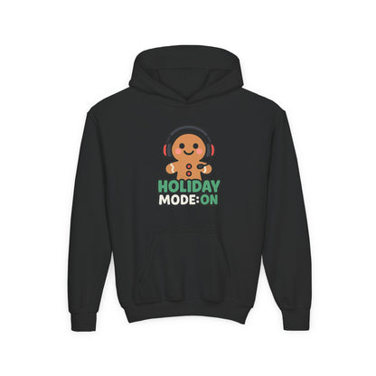 Youth Hoodie — 'Holiday Mode On' Gingerbread Headphone Christmas Sweatshirt