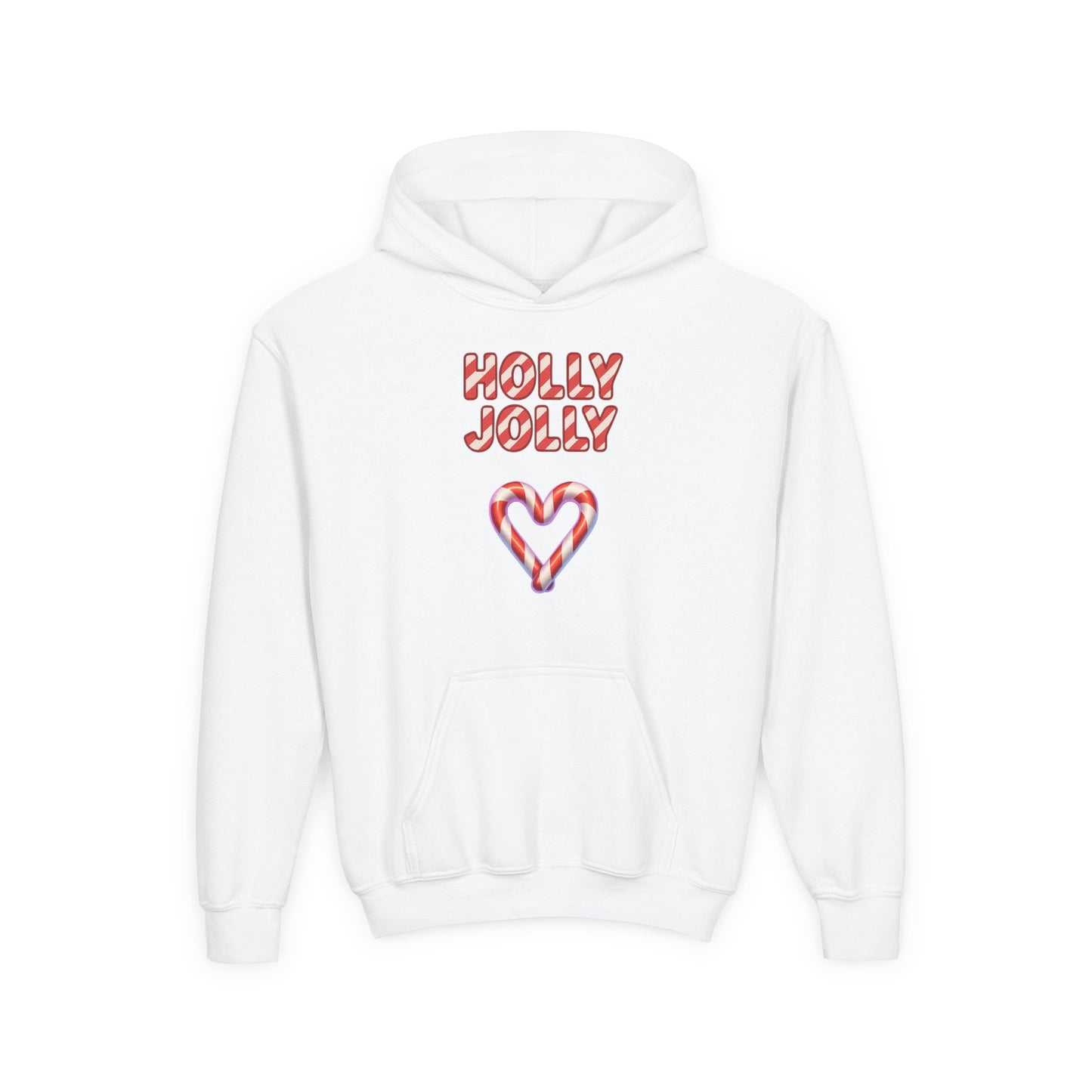 Youth Hoodie — "Holly Jolly" Candy Cane Heart Christmas Sweatshirt