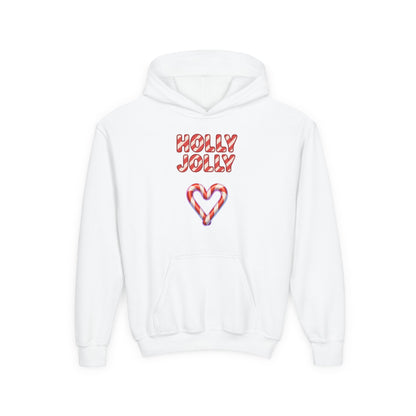 Youth Hoodie — "Holly Jolly" Candy Cane Heart Christmas Sweatshirt