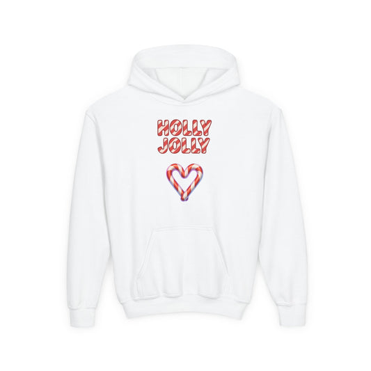 Youth Hoodie — "Holly Jolly" Candy Cane Heart Christmas Sweatshirt