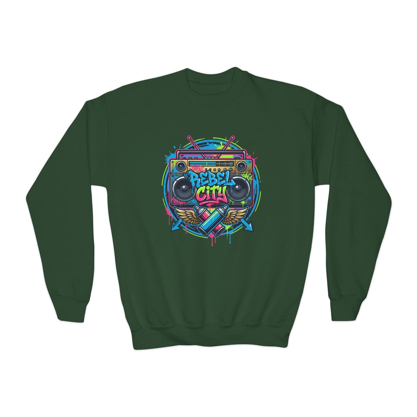 Youth Crewneck Sweatshirt — Vibrant Retro Boombox “Rebel With” spray paint Graphic