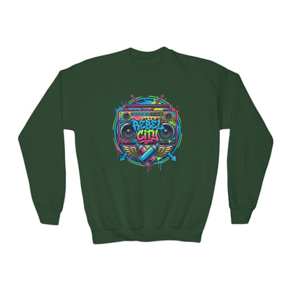 Youth Crewneck Sweatshirt — Vibrant Retro Boombox “Rebel With” spray paint Graphic