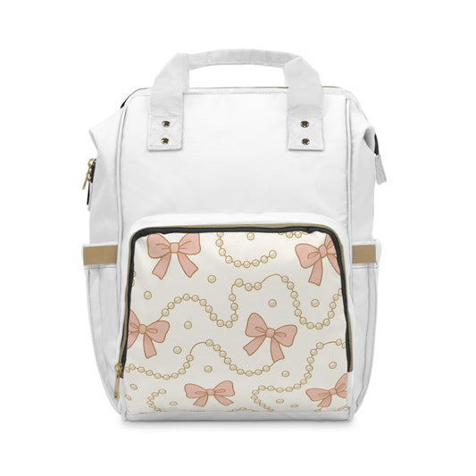 Elegant Pink Bow & Pearl Pattern Diaper Backpack