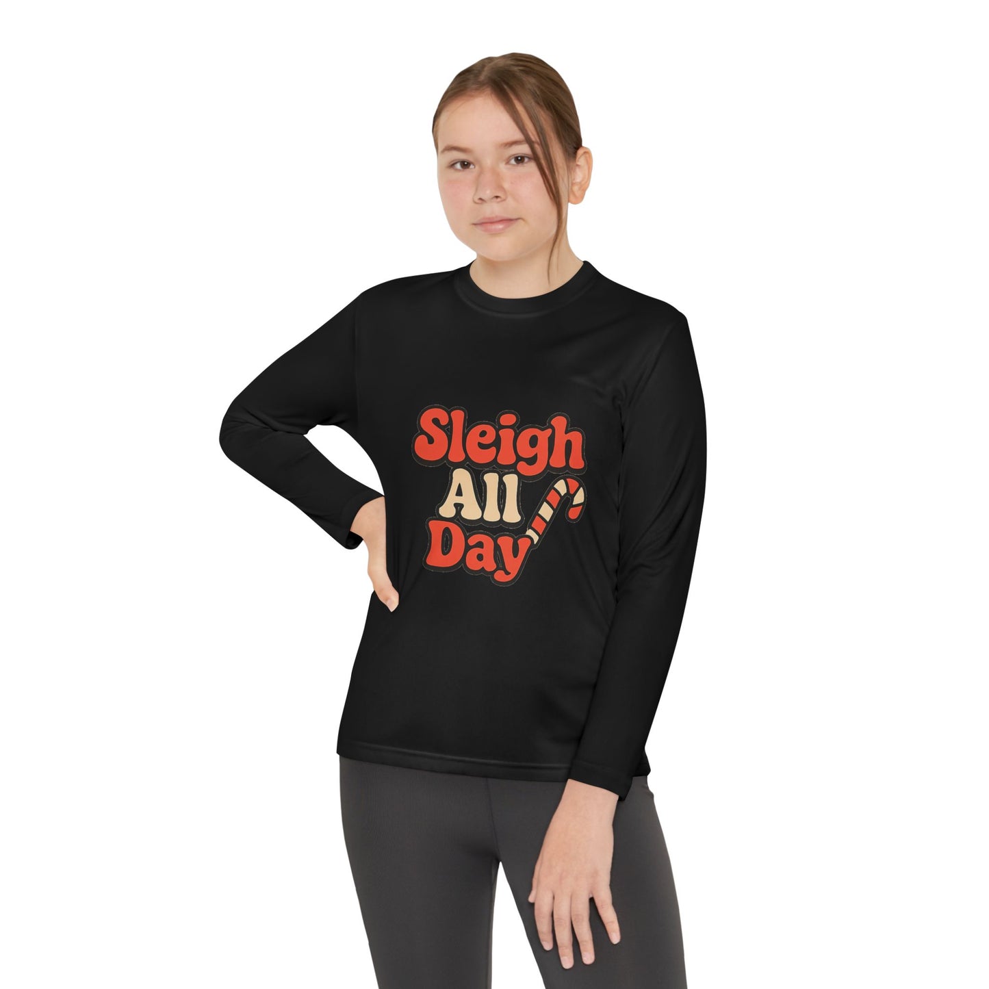 Youth Long Sleeve Tee — "Sleigh All Day" Christmas Candy Cane Holiday Shirt