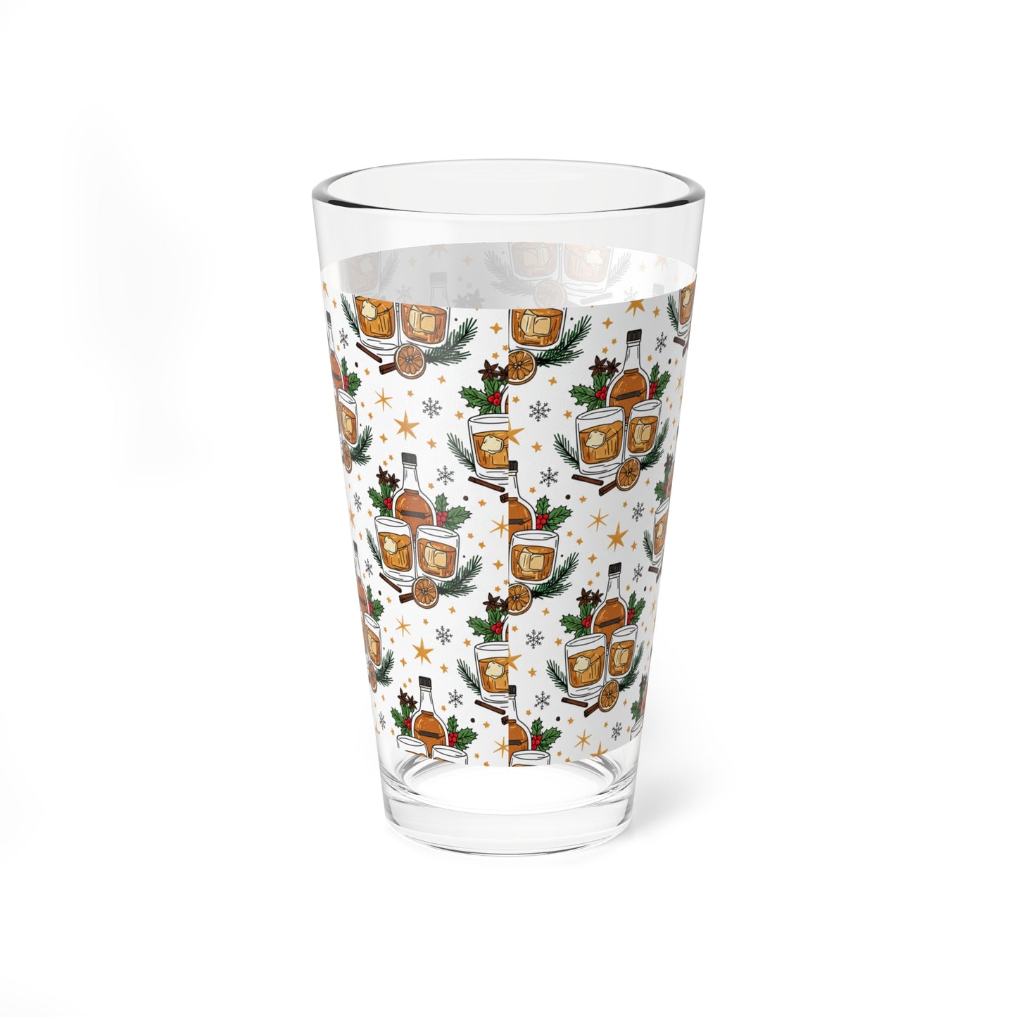 Whiskey Holiday Mixing Glass — 16oz Festive Cocktail Mixing Glass with Bottle & Glass Pattern (Free Shipping)