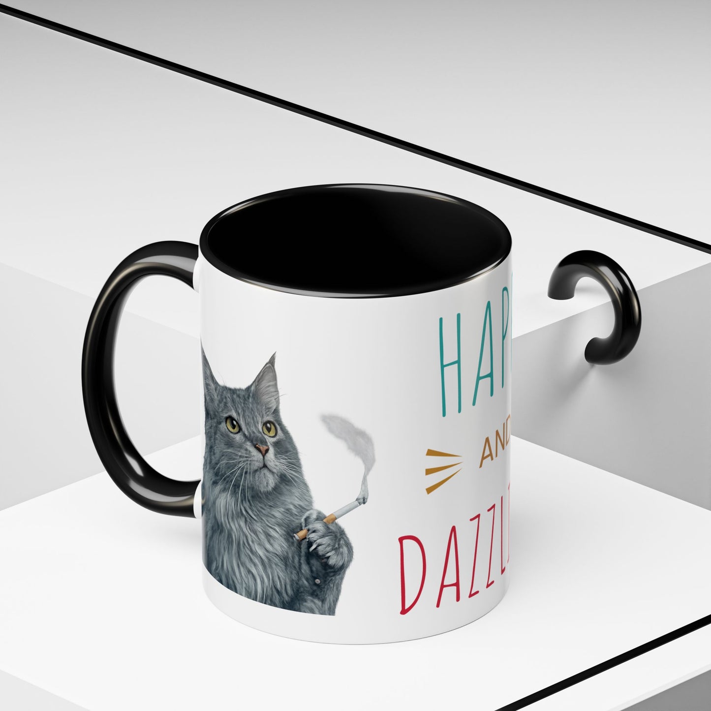Happy and Dazzling smoking Cat Coffee Mug — Cute Cat smoking a cigarette Illustration Accent Mug (11/15 oz) (free shipping)