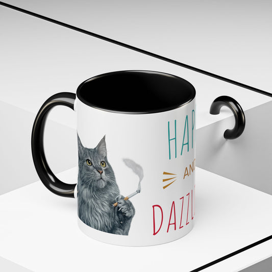 Happy and Dazzling smoking Cat Coffee Mug — Cute Cat smoking a cigarette Illustration Accent Mug (11/15 oz) (free shipping)