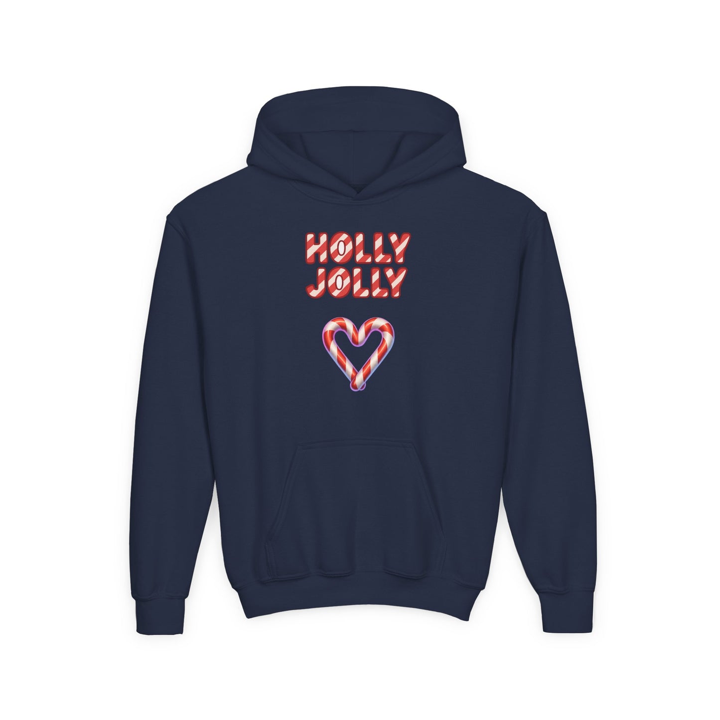 Youth Hoodie — "Holly Jolly" Candy Cane Heart Christmas Sweatshirt