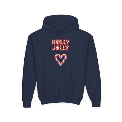 Youth Hoodie — "Holly Jolly" Candy Cane Heart Christmas Sweatshirt