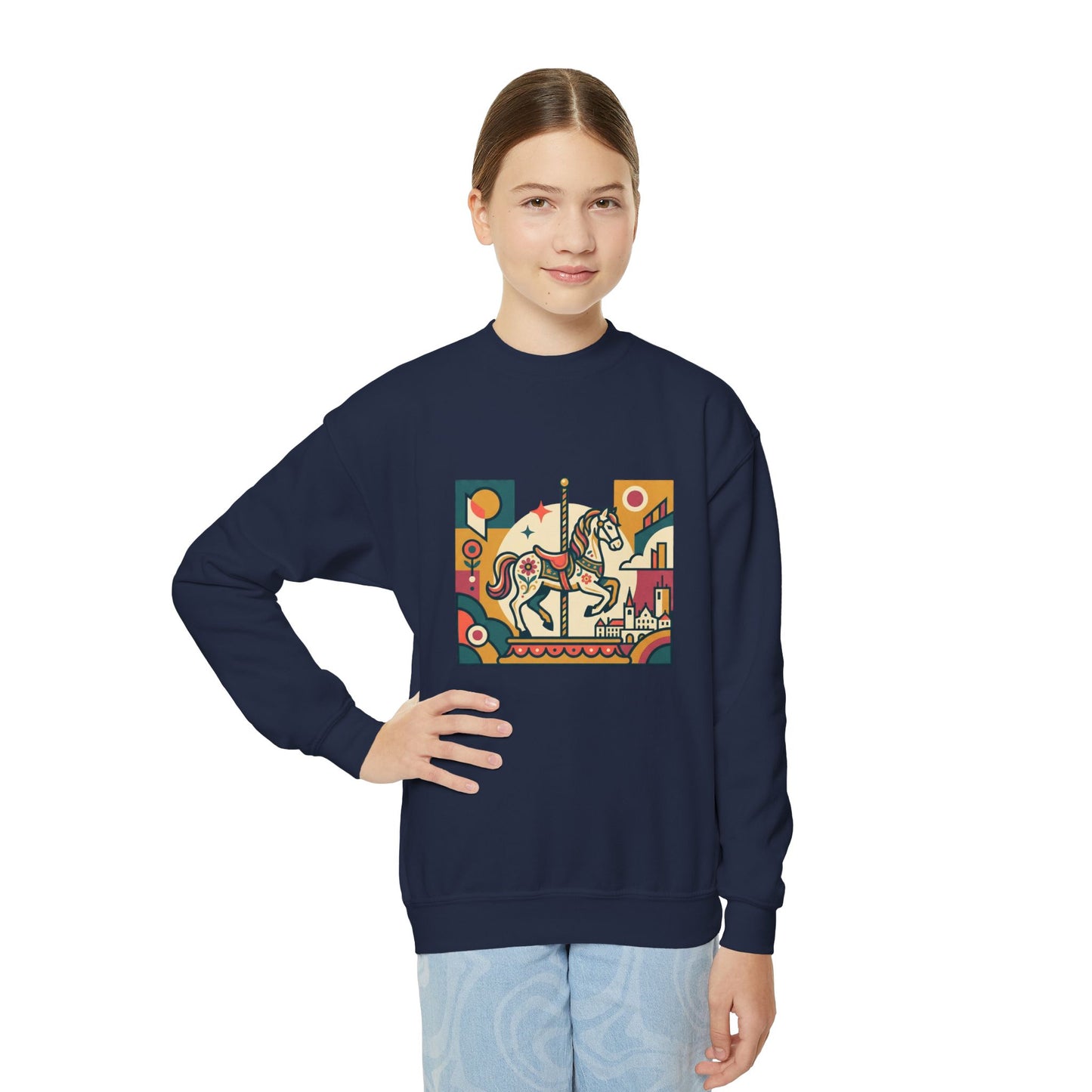 Youth Crewneck Sweatshirt — Retro Carousel Horse Graphic