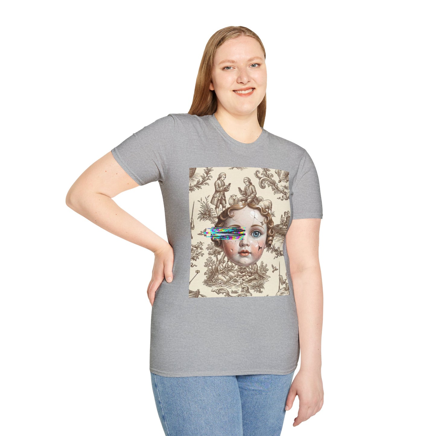 Vintage Doll Face Tee with Glitch Paint Splash