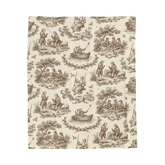 Vintage Toile Velveteen Plush Blanket — Classic Scenic Print Throw for Cozy Home Décor