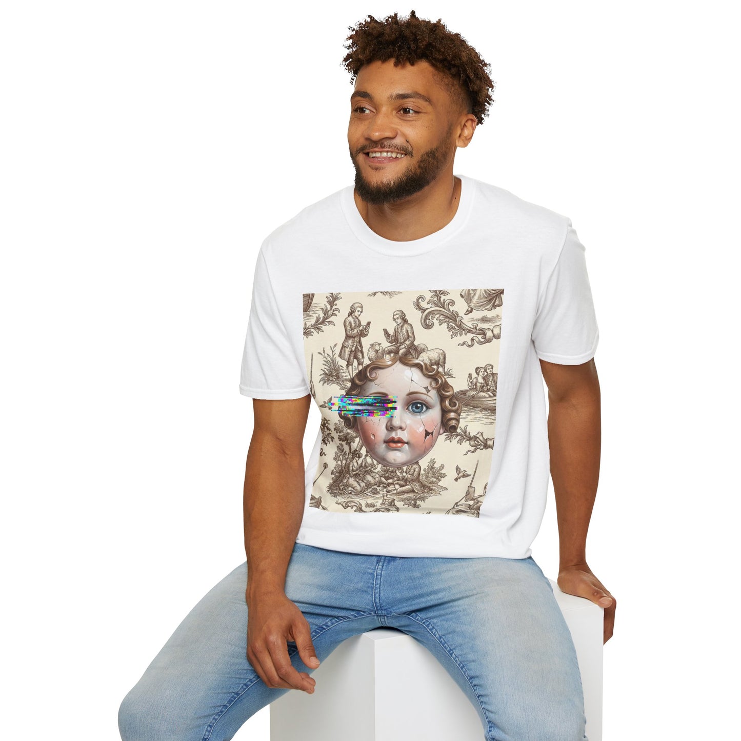 Vintage Doll Face Tee with Glitch Paint Splash