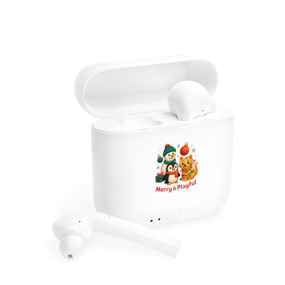 Wireless Earbuds Case — Merry & Playful Holiday Penguin and Cat Design