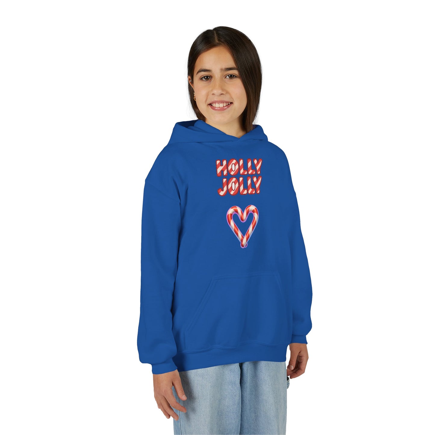 Youth Hoodie — "Holly Jolly" Candy Cane Heart Christmas Sweatshirt