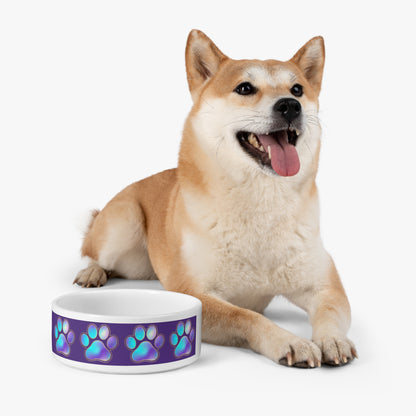 Paw Print Ceramic Pet Bowl — Iridescent Blue Purple Paw Pattern