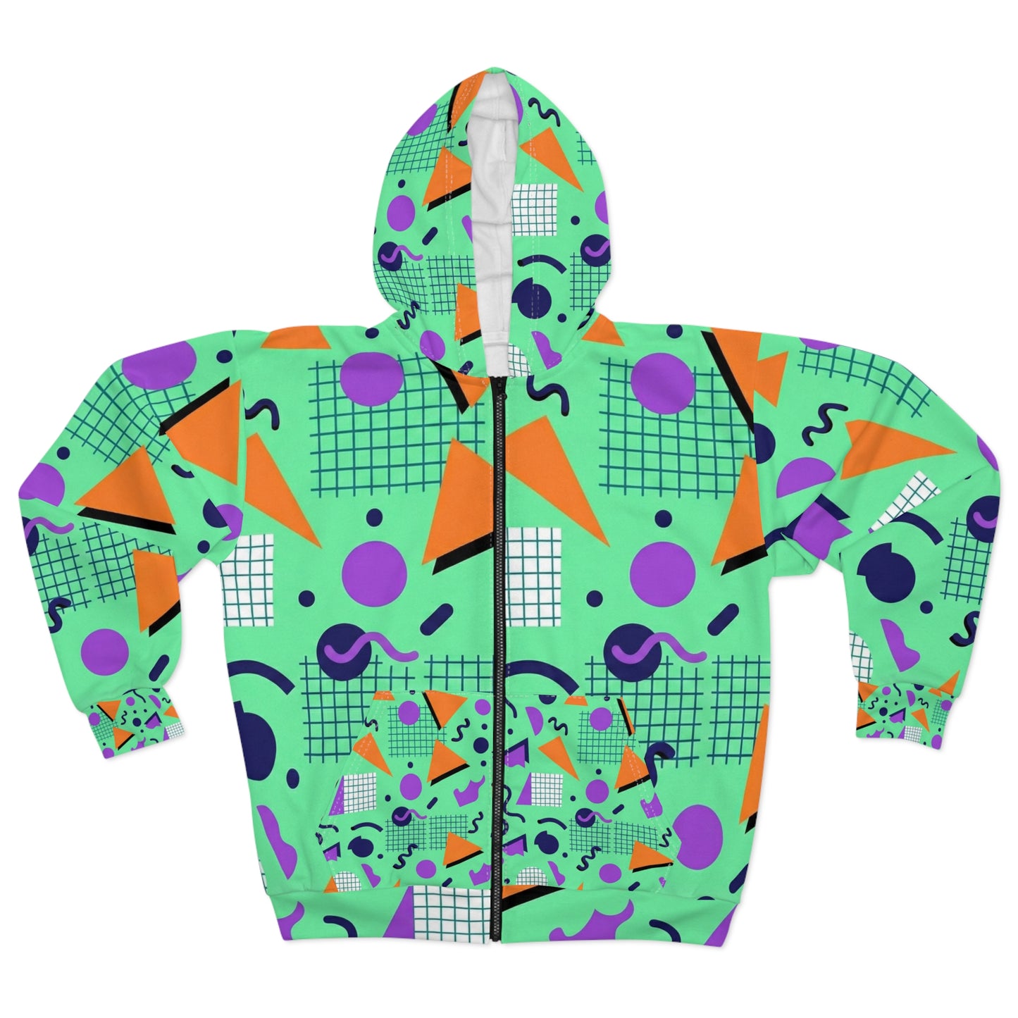 Retro Memphis 80’s Zip Hoodie — Mint Geometric Pattern