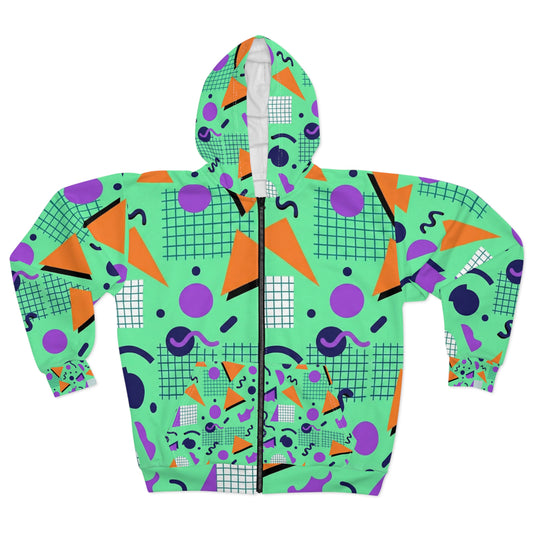 Retro Memphis 80’s Zip Hoodie — Mint Geometric Pattern