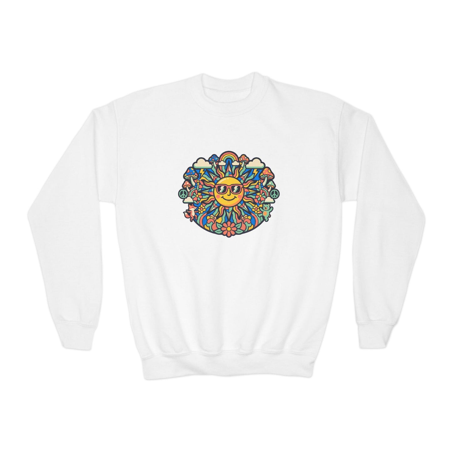 Youth Y2K Aesthetic - Crewneck Sweatshirt — Colorful Retro Sun & Floral Graphic