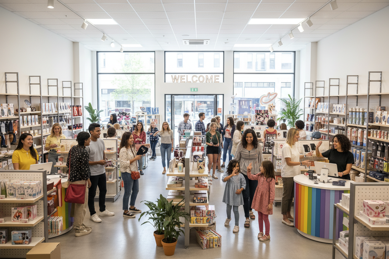 Sell in our shop, sell in our store, real people, shops, modern, fun 